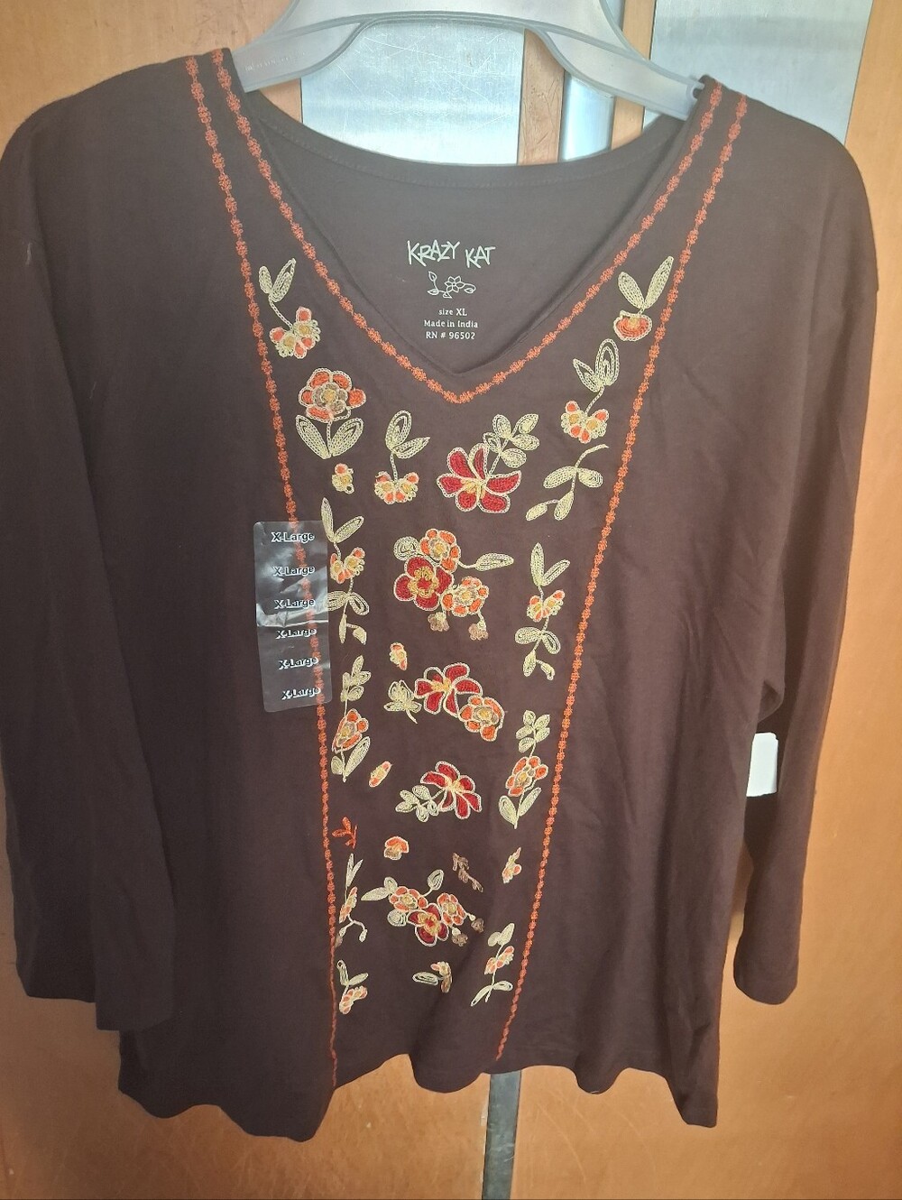 krazy kat brown long-sleeve V-neck top with orange and cream floral embroidery
